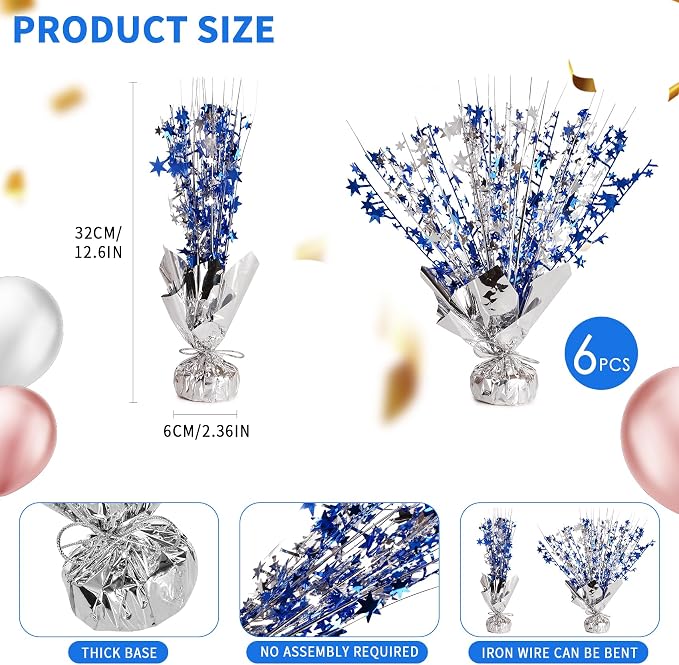 12 Pack Metallic Foil Spary Centerpieces for Tables, Silver NavyBlue Centerpieces for Tables Decorations, Star Brust Table Centerpieces for Birthday Graduation Wedding Baby Shower Party