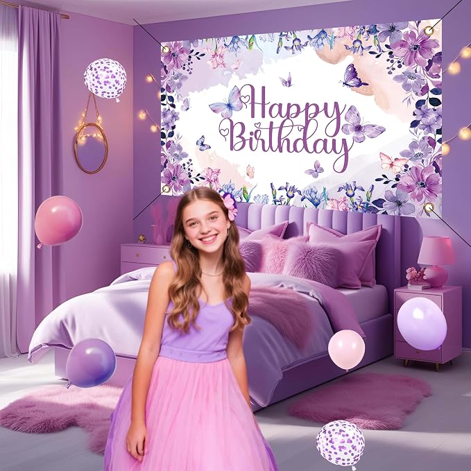 Purple Butterfly Birthday Decorations Balloon Arch Kit - Glitter Butterfly Party Supplies with Garland, Backdrop, Centerpieces for Women Girls Birthday Party Decor