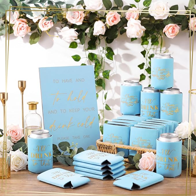 SiliFine 101 Pcs Blue Wedding Can Cooler Bulk Engagement Party Favors for 100 Guests Cheers to Love Laughter, and I'll Drink Can Cooler with Wooden Wedding Table Sign Bridal Shower Favor