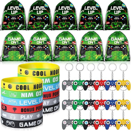 Nosiny 72 Pcs Video Game Party Favors Video Gamer Party Drawstring Bags Gaming Goodie Bag Silicone Bracelet Wristbands Keychain Classroom Rewards for Kids Birthday Bag Stuffers(Green,Vivid)
