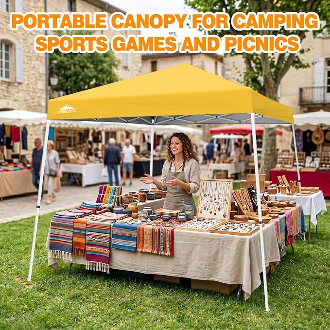 EAGLE PEAK 10x10 Slant Leg Pop-up Canopy Tent Easy One Person Setup Instant Outdoor Beach Canopy Folding Portable Sports Shelter 10x10 Base 8x8 Top (Yellow)