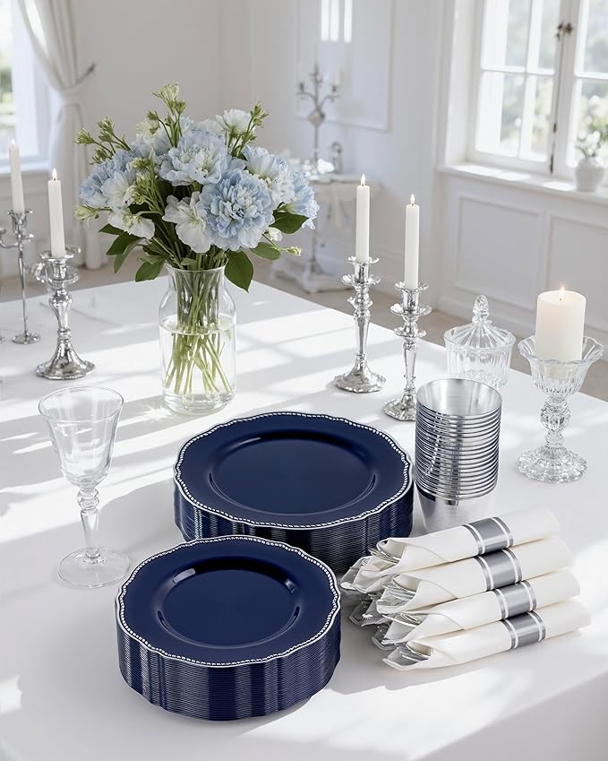 Hioasis 175pcs Blue Silver Plastic Plates - Silver Plastic Dinnerware Set Includes 25 Dinner Plates, 25 Dessert Dinnerware, 25 Cups, 25 Napkins Perfect for Wedding & Party