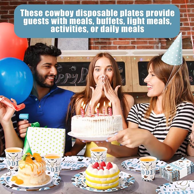 Pickmesh 250 Pcs My First Rodeo Party Decorations Western Cowboy Disposable Tableware Set My First Rodeo Paper Plates Napkins and Cups for 1st Boy Birthday Baby Shower Party Decorations Serve 50