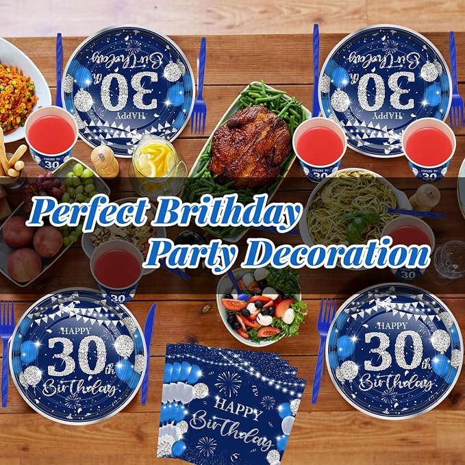 240 Pcs 30th Birthday Decorations 1996 Birthday Party Tableware Include Plates Napkins 9oz Cups Cutlery 30th Anniversary Party Supplies for Men Women Him Her, Serve 30 Guests (Blue Silver)