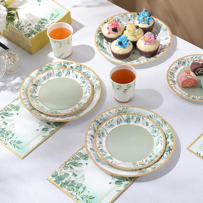 Pickmesh 250 Pcs Sage Green Party Supplies Paper Plates and Napkins Cups Dinnerware Sage Green Disposable Tableware Set for Birthday Bridal Baby Shower Wedding Decoration Serves 50