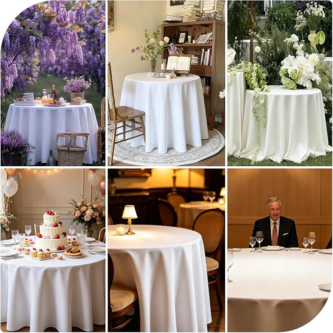 WIGENIUS 10 Pack White Table Cloth Round Tablecloths 90 Inch,Polyester Table Cloth for 5 Foot Round Tables,Wrinkle Resistant Washable Fabric Table Covers for Party,Wedding Banquet