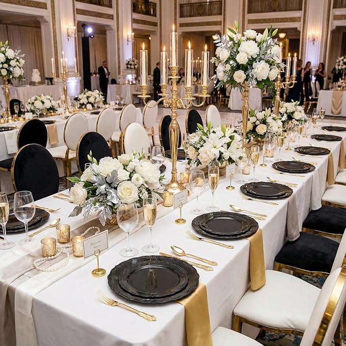 DaYammi 150Pcs Black Plastic Plates & Gold Plastic Silverware,Black Disposable Plates Set Include 30 Dinner Plate, 30 Dessert Plate,30 Golden Knives,30 Gold Forks,30 Golden Spoons for Party Wedding