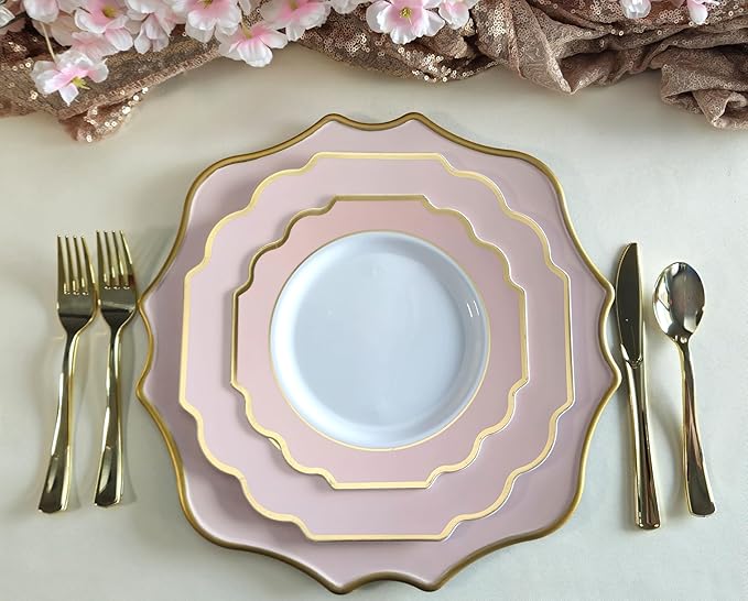 OCCASIONS Pink Plastic Plates - 50 Plates Pack (25 Guests) Heavyweight Disposable Dinner & Dessert Plate Set for Wedding, Party, Baby Shower (25x10.5" + 25x8") Imperial in Blush Pink & Gold