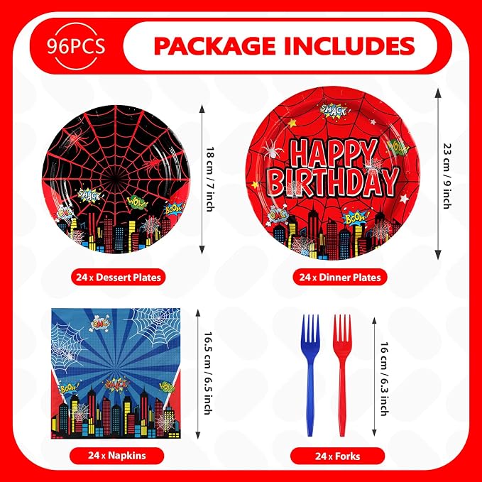 Grencian 96Pcs Cartoon Spider Birthday Party Decorations Red Blue Spider Birthday Plates and Napkins Disposable Hero Paper Tableware Set for Kids Baby Shower Super Theme Party Supplies, Serves 24