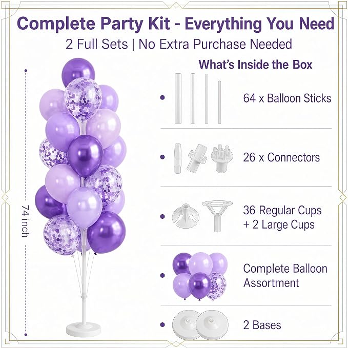 Balloon Column Kit Set of 2 With Balloons Included - with Base, and Pole,Balloon Tower Backdrop Decoration for Wedding, Baby Shower, Birthday Party, or Bachelorette Parties (Enigmatic Purple)