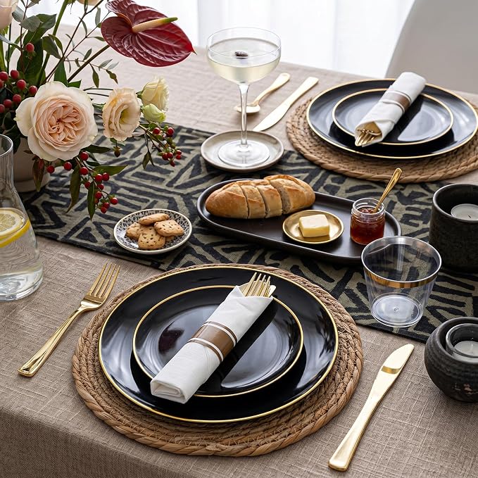KIRE 60PCS Black Plastic Plates - Black Disposable Plates with Gold Rim - Include 30Pcs 10.25inch for Dinner and 30Pcs 7.5inch for Dessert for Wedding/Graduation/Party/Father's Day