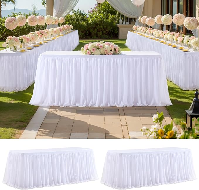 2 Pack White Tulle Tablecloth Table Skirt for 6 Foot Rectangle Tables, Wedding Table Cloths Ruffle Tutu Table Skirt Stretch Fitted Table Covers for Parties Birthdays Baby Shower Celebration Banquet