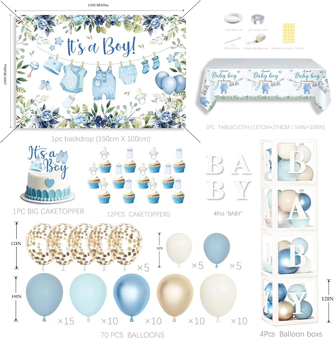 Blue Baby Boy Shower Decorations with 4pcs Balloon Boxes, 70pcs Balloon Garland Arch Kit, "It's a Boy" Backdrop, Tablecloth, Cake Toppers - Watercolor Clothesline Theme Party Supplies