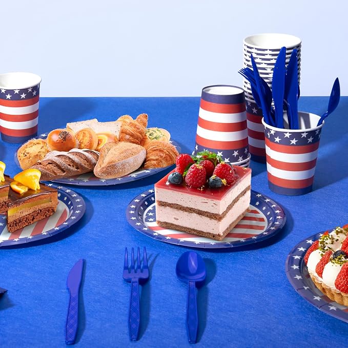 Cecnamt American Flag Themed Party Decorations, 170 Pcs Patriotic Party Decorations Including Banner, Plates, Cups, Napkins, Cutlery, Straws and Tablecloths, Serves 24