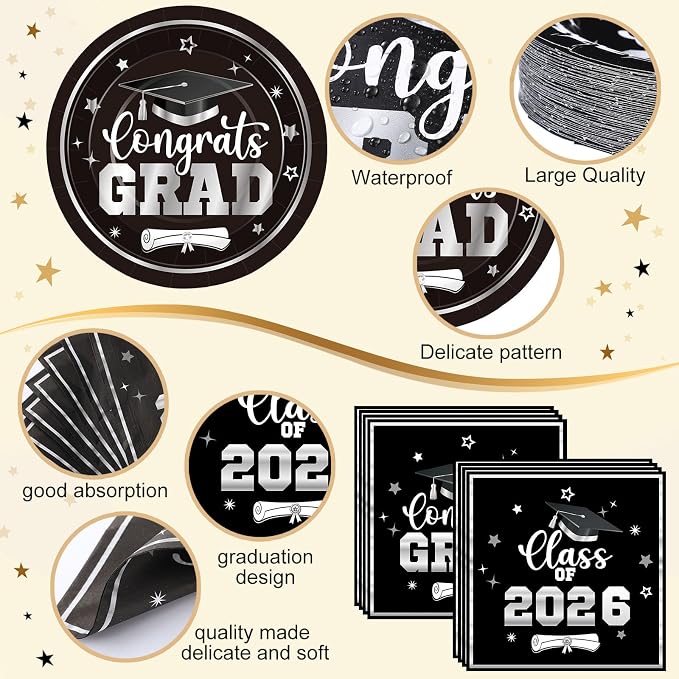 Funnymoom 400 Pcs Graduation Party Supplies Class of 2026 Graduation Paper Plate Napkin Cup Cutlery Congrats Grad Disposable Tableware Set for Grad Party Decorations, Serve 50(Black)