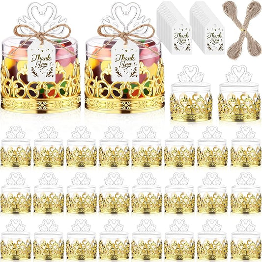 Jingmore 30 Sets Mini Crown Candy Boxes with Thank You Tags and Twine Plastic Candy Storage Boxes for Wedding Baby Shower Princess Birthday Party Supplies(Gold and Clear,Swan Style)