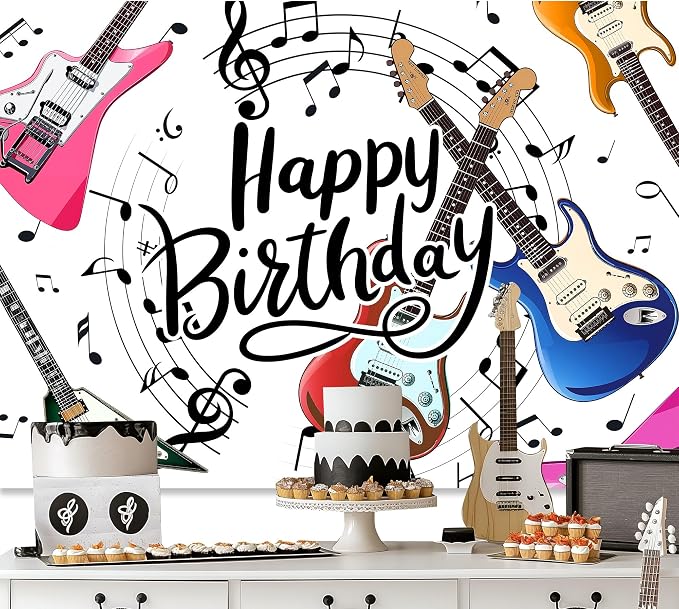 Guitar Happy Birthday Backdrop Music Themed Rock and Roll Musical Note Symbol Bday Party for Kids Photography Background Decoration Colorful Modern Cool Fabric Photo Shoot Studio Props 7Wx5H