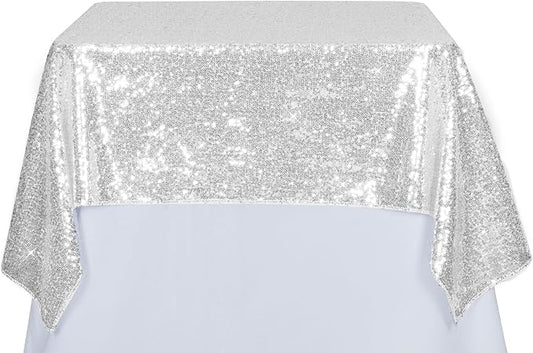 PartyDelight Silver Sequin Tablecloth Overlay 50 X 50 Inch for Wedding Party Birthday Bridal Baby Shower and Other Events Decorations