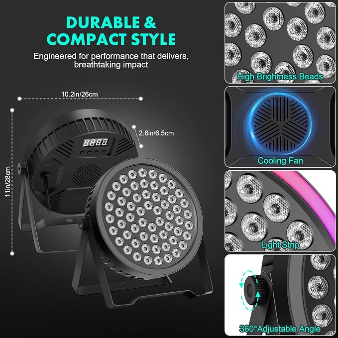 90W RGB Stage Par Lights with Ambient Light Strip - Dual Layer Halo Effect, DMX512 & Sound Activation, 60 LEDs Uplight for Wedding Party DJ Church Concert Indoor (2 Pack)