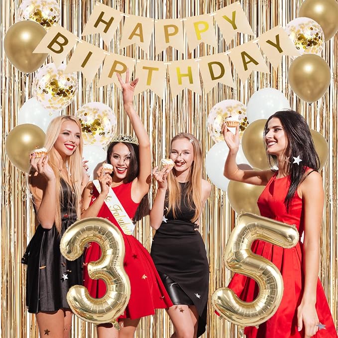 Trgowaul 35th Birthday Decorations for Women, Banner, Sash and Crown, Cake Topper, 35 Number Balloon, Fringe Curtains, Champagne Gold 35th Birthday Party Supplies