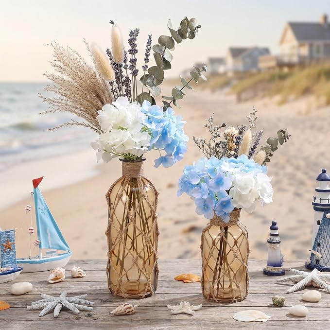 Chuangdi Set of 2 Coastal Glass Vases for Flowers TSITP Flower Vase with Boho Rope Small Sea Glass Jar Nautical Beach Bottle for Wedding Table Centerpieces Floral Arrangement Decor(Light Brown)