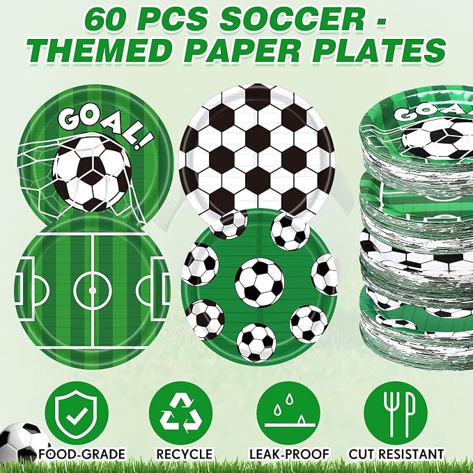 Funnymoom 60 Pcs Soccer Paper Plates Party Supplies 9 Inch Soccer Birthday Disposable Plates for Kids Boys Adults Game Day Birthday Party Decorations