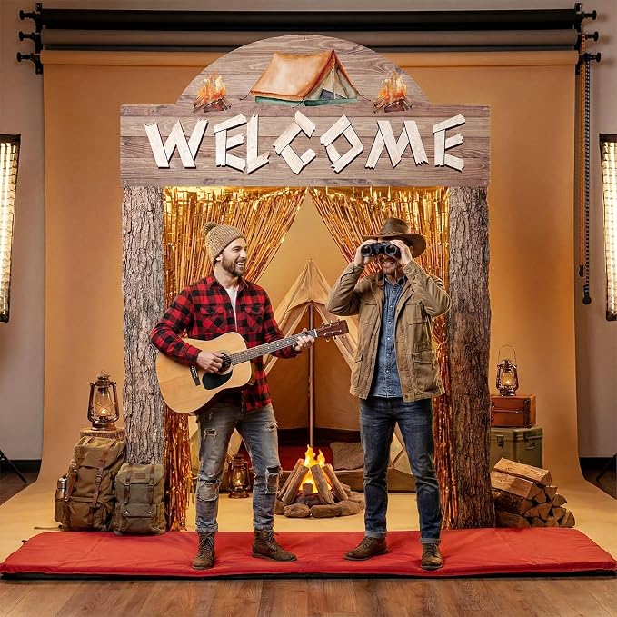 Peryiter 5 Pcs Camping Party Decorations Set, Camp Welcome Arch Banners, Orange Foil Fringe Curtains, Double-sided Tape for Campfire Theme Birthday, Photo Booth & Entrance Backdrop Birthday Decoration