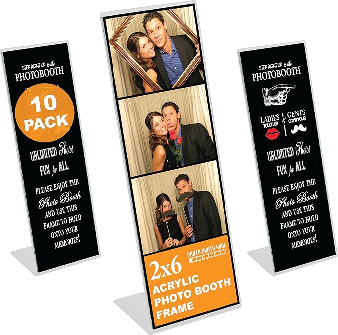 Photo Booth Nook | 2x6 Slanted Photo Booth Frames (10 Count) | Crystal Clear Acrylic Photo Booth Picture Frame with Black Inserts