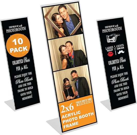 Photo Booth Nook | 2x6 Slanted Photo Booth Frames (10 Count) | Crystal Clear Acrylic Photo Booth Picture Frame with Black Inserts