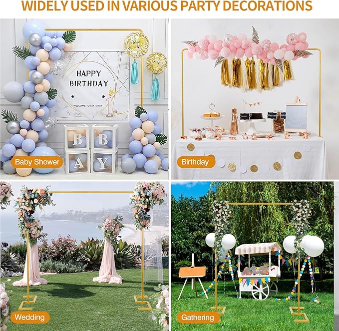 8.2FT Square Arch Backdrop Stand,Metal Gold Backdrop Stand Heavy Duty Adjustable,Extra 2 Clamps Change Over The Table Rod Stand,Wedding Balloon Arch Stand for Valentine Parties Decoration