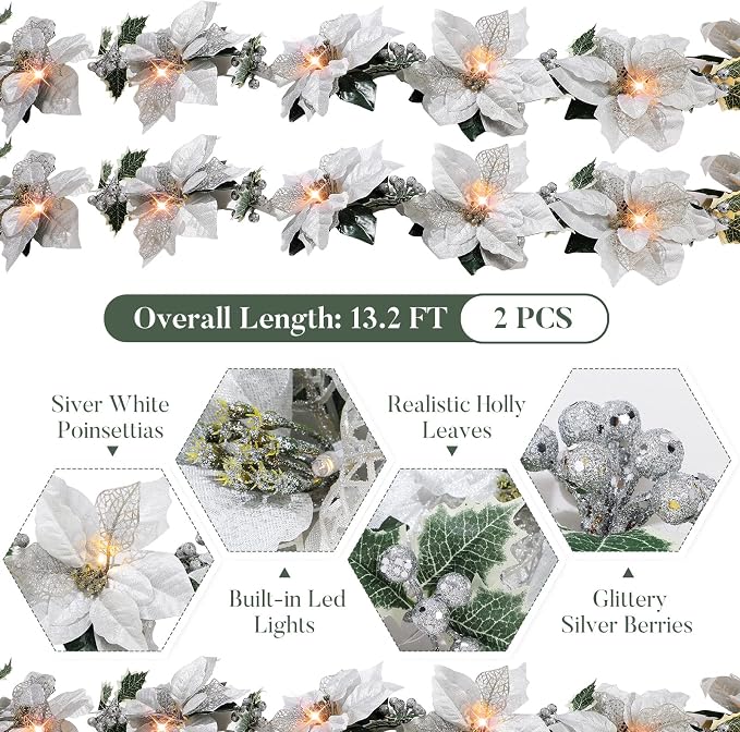 Zubebe 2 Pcs Prelit Poinsettia Christmas Garland with String Lights Glitter Holly Leaves Berries Remote Timer 8 Modes 6.5 ft Lighted Flower Garland Battery Operated Indoor Outdoor Decor(Silver)