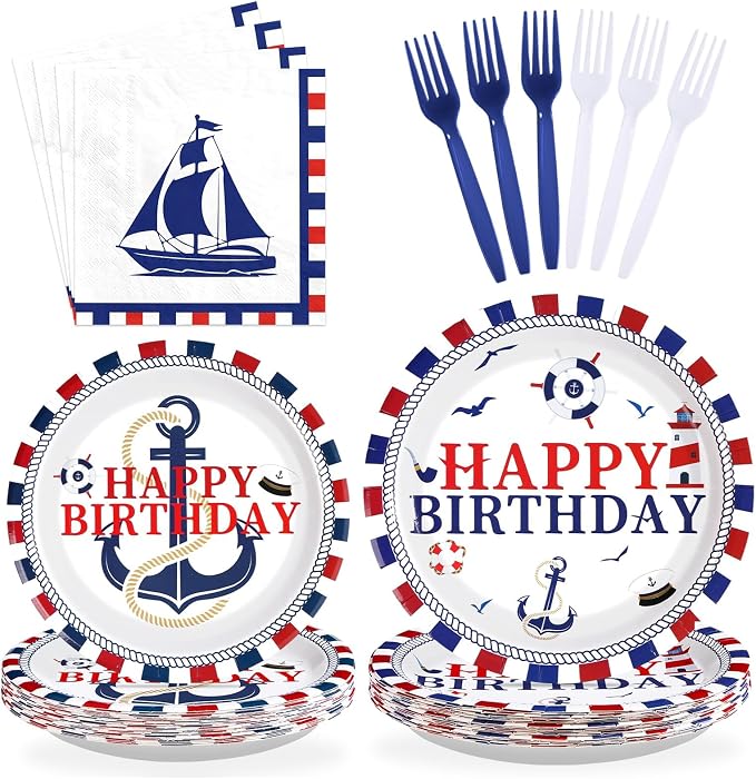 96 Pcs Nautical Birthday Party Decorations Sailing Party Decoration Plates and Napkins Red White and Blue Tableware Set for Boy Happy Birthday Baby Shower Nautical Theme Celebrations Serves 24