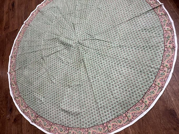 Ridhi Round Tablecloth Hand Block Print 100% Cotton Reusable Swamp Green 110 Inch Table Cover Decorative Everyday Use for Dining, Home, Party, Wedding, Farmhouse, Party Gift for Spring, Mother's Day