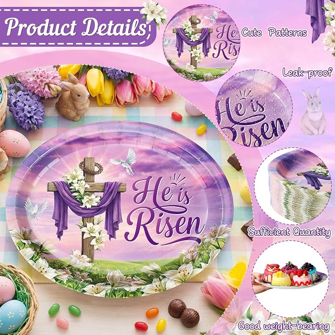 Vesici 150 Pcs Easter Cross Paper Plates and Napkins Set-serves 50, 10'' x 12'' Large Bunny Flower Tableware Disposable Purple Cross Paper Plates Cups Napkins for Spring Easter Birthday Party Supplies