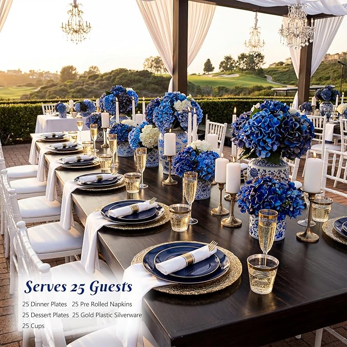 KIRE 175Pcs Blue Plastic Plates - Navy Blue Plates Disposable - 25 for Dinner 25 for Dessert 25 Pre Rolled Napkins with Gold Plastic Silverware and 25 Cups for Birthday/Wedding/Passover/Graduation