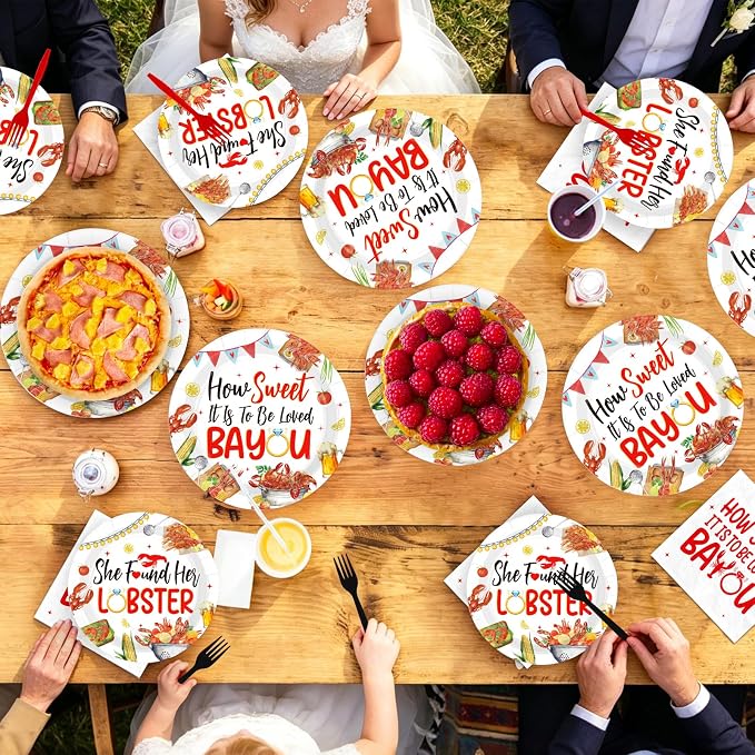 96 Pcs How Sweet It is to be Loved Bayou Party Decoration Louisiana Cajun Themed Plates and Napkins Crawfish Bridal Shower Tableware Set for Bachelorette Wedding Party Supplies, Serves 24
