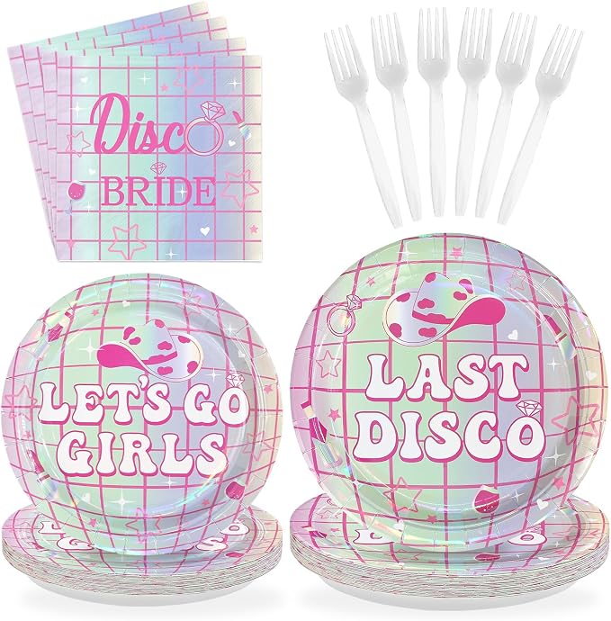 96Pcs Last Disco Bachelorette Party Decorations Pink & Silver Disco Cowgirl Plates and Napkins Let's Go Girls Party Decorations for Western Nashville Bridal Shower Wedding Birthday Supplies Serves 24