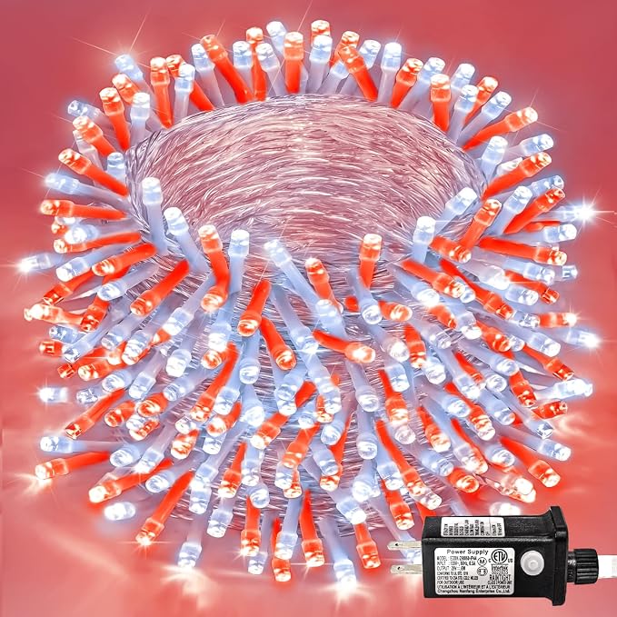 400 LED Red and White Christmas Lights Outdoor, 131 FT Christmas String Lights with Waterproof 8 Modes, Plug in Clear WireTwinkle Fairy Lights for Indoor Tree Bedroom Holiday Decorations