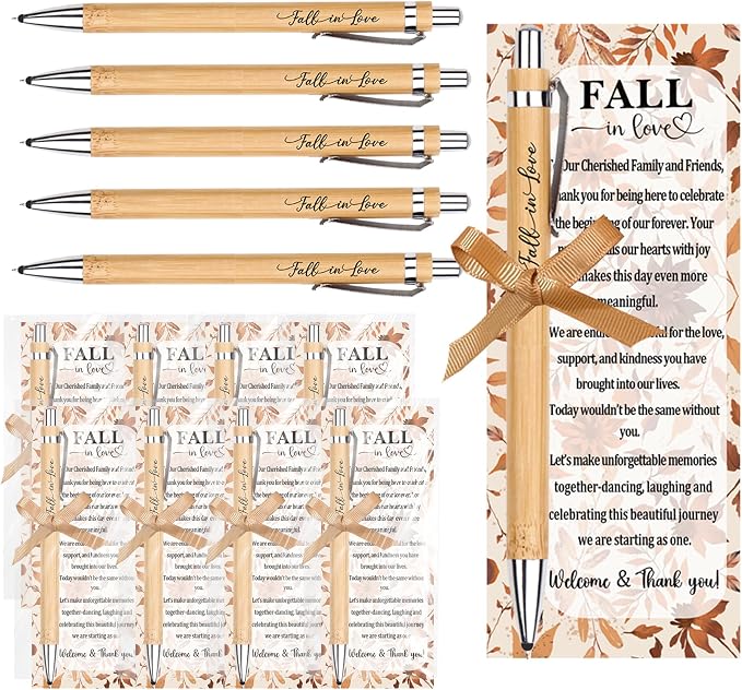 52 Packs Wedding Thank You Gifts for Guests Fall in Love Bamboo Pens Sets with Thank You Tags Autumn Wedding Give Away Bridal Shower Favors Bulk for Women