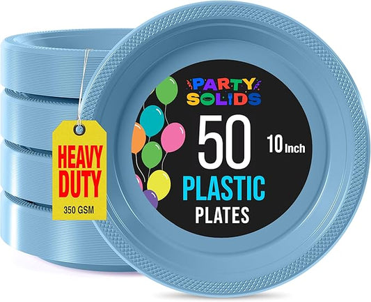 Exquisite Party Solids Light Blue Plastic Plates For Party Supplies 10" Light Blue Disposable Plates Heavy Duty 50 Pcs Plastic Dinnerware Sets Heavy Duty 350 GSM Disposable Dinnerware Set
