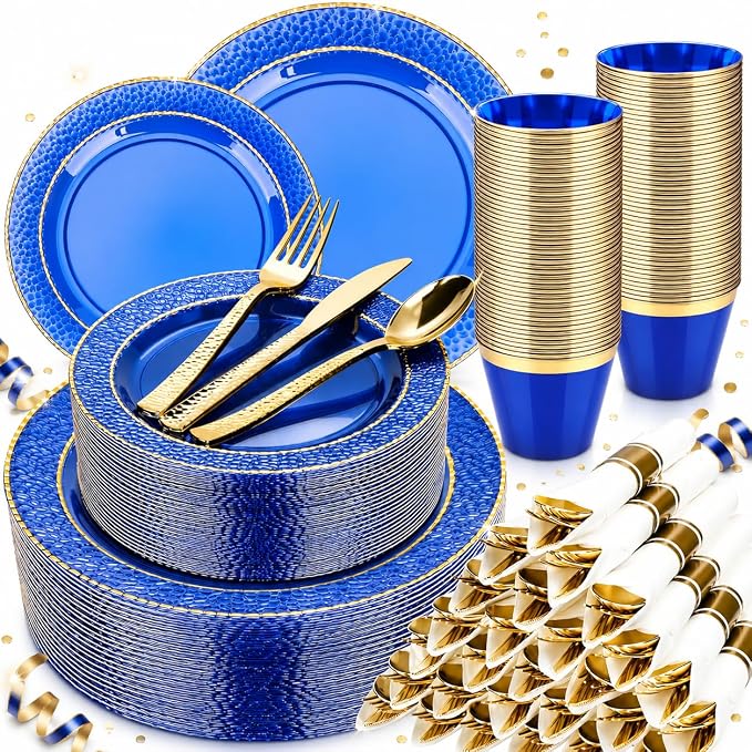 350PCS Clear Blue Plastic Plates for 50 Guests, Disposable Dinnerware Set for Party and Graduation, Includes 100 Plastic Plates, 50 Pre Rolled Napkins with Gold Silverware, 50 Cups