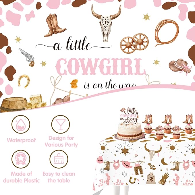 Cowgirl Baby Shower Decorations for Girl - Western Theme Party Supplies Include Balloon Garland Arch Kit, Backdrop, Tablecloth, 4 Boxes, Horseshoe Foil Balloon - A Little Cowgirl is on the Way Pink