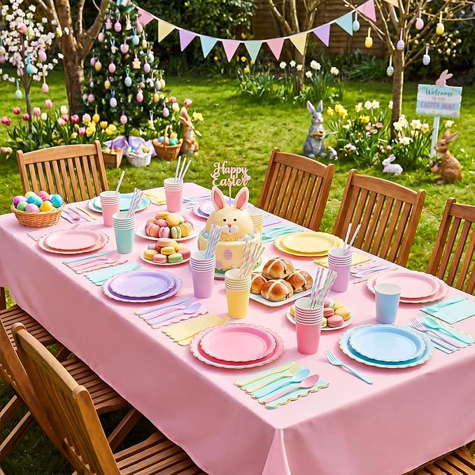 Vesici 452 Pcs Pastel Party Supplies Set for 50 Guests Include 9 Inch 7 Inch Paper Plates Napkins Tablecloths 9 oz Cups Forks Spoons Straws for Birthday Baby Shower Wedding Party Decorations, 6 Colors
