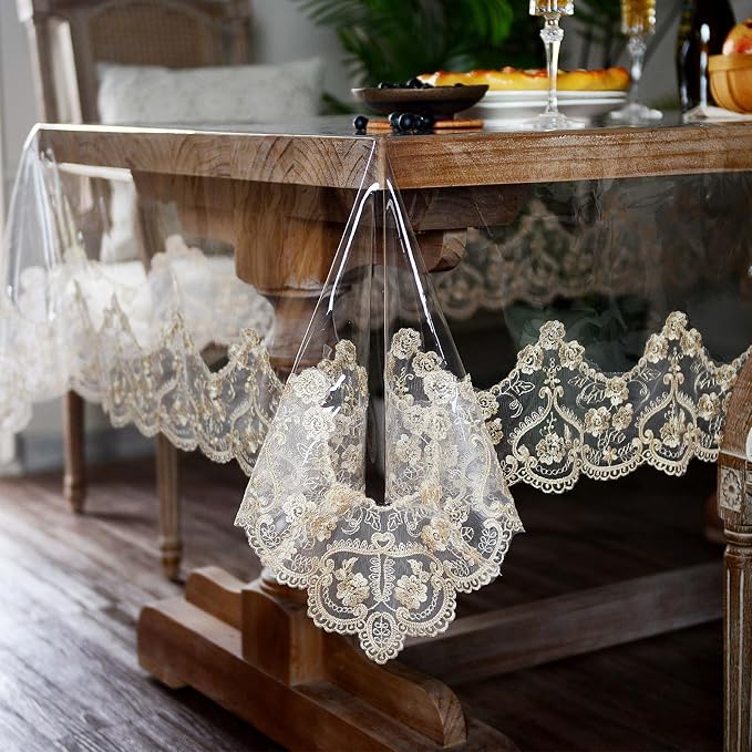 ARTABLE Vinyl PVC Rectangle Tablecloth Waterproof Clear Table Cover with Champagne Lace Macrame Border for Wedding Kitchen Home Outdoor Indoor Holidays Party Decor (Gold, 60 x 104 Inch)
