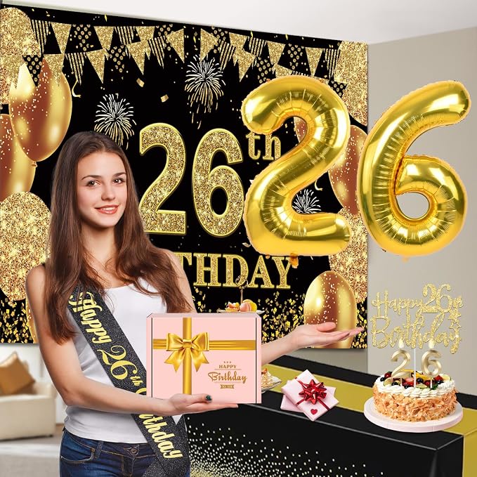 26th Birthday Decorations Men Women with 26th Birthday Banner, Black and Gold Table Cloth, Number Balloons, Large Sash, Cake Topper and Candles