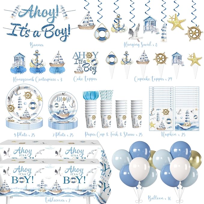 Xynic 205Pcs Ahoy Its a Boy Baby Shower Decorations Set - Serves 25 - All-in-One Nautical Party Decorations Kit with Balloons, Banner, Cake Topper, 350gsm Plates, Tablecloths, Backdrop