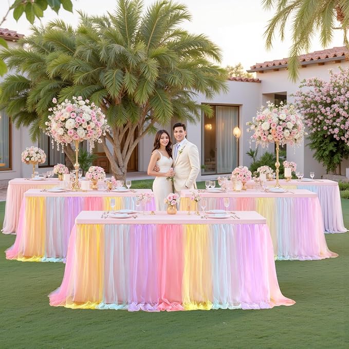 HB HBB MAGIC Rainbow Table Cloth Spandex Table Covers 6ft Fitted Tulle Tablecloth Rectangular Desk Skirt Stretch Table Cloths Covers Party Banquet Birthday Baby Shower Wedding Table Cloth, 2 Pack