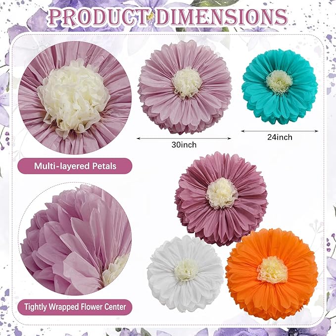 Chunful 5 Pcs 30'' 24'' Gaint Boho Tissue Paper Flowers Decoration Large Hanging Tissue Paper Pom Poms Decor for Boho Baby Shower Birthday Bachelorette Wedding Bridal Shower Party Nursery Decoration