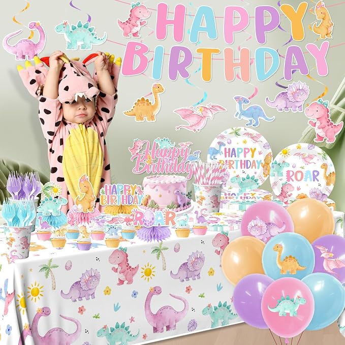 Pink Dinosaur Birthday Decorations for Girls, Pastel Dinosaur Party Decorations with Banner,Plates,Napkins,Cups,Tablecloth,Balloons,Cake Topper for Dino Themed Party Supplies, Serve 24