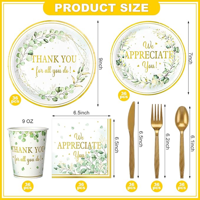 Yungyan 252 Pcs Sage Green Thank You Party Tableware Set Thank You for All You Do We Appreciate You Plates Napkins Cups Cutlery for Employee Teacher Graduation Appreciation Party 36 Guests